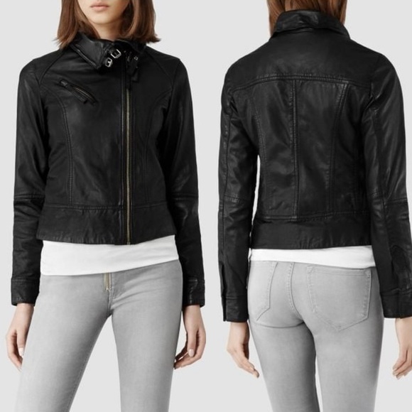 ALL SAINTS Belvedere Leather Classic Biker Zip Jacket in Black Sz 4 FITS LIKE 2 - Picture 3 of 8